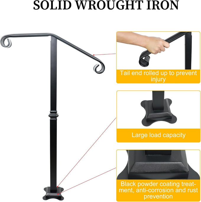 Handrail Railing, Single Post Handrail, Stair Railing for Concrete,Sturdy Handrails with Base, Mountable Iron Stair Handrail for 1 or 2 Steps, Grab Rail for Steps Porch, Railings for Outdoor Step