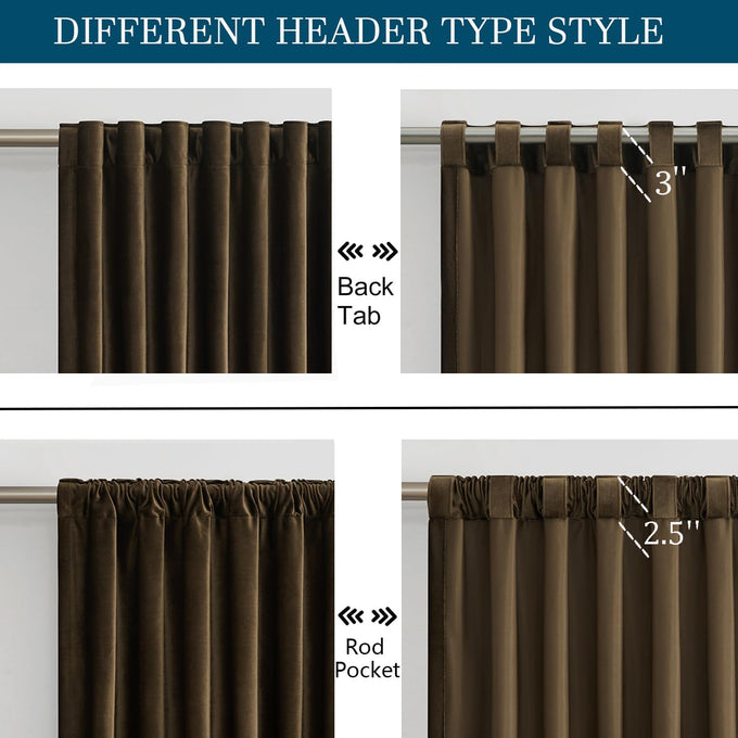 PRIMROSE Brown Velvet Curtains 108 inch Long for Living Room,Set of 2 Panels Blackout Rod Pocket Back Tab Window Treatment Room Darkening Heavy Decorative Curtains Drapes for Bedroom