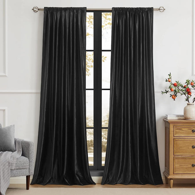 PRIMROSE Black Curtains 120 inch for Living Room Velvet Drapes Blackout Rod Pocket Back Tab Window Treatment Semi Room Darkening Decor Curtains for Bedroom Set of 2 Panels