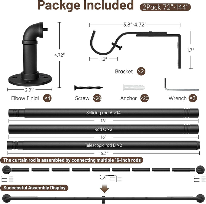 Zeerobee 2 Pack Curtain Rods 72-144", 1 Inch Industrial Black Curtain Rod