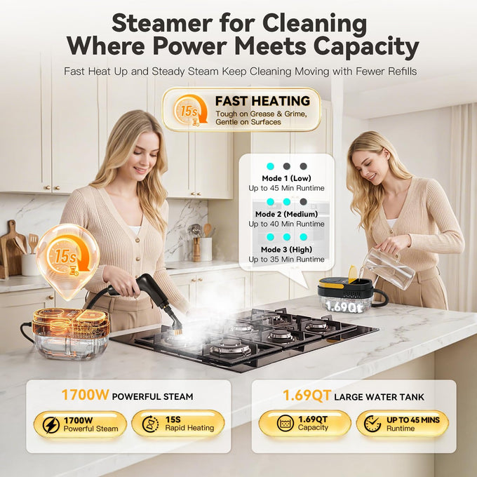Gautye Steam Cleaner, 3 Level Adjustable Handle with 15 Accessories