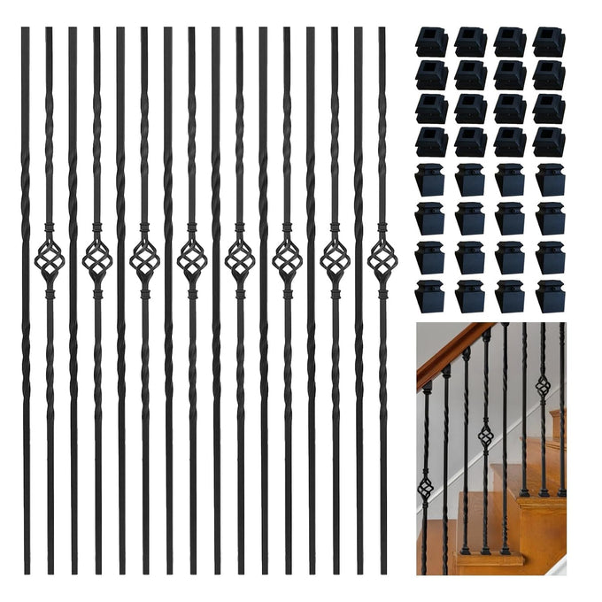 16 Pack Iron Balusters for Staircase Interior W/ 32 Pack Baluster Shoes, 1/2" x 44" Wrought Iron Baluster Stair Balusters,Hollow Metal Balusters Stair Spindles for Staircase Decks Balusters Indoor