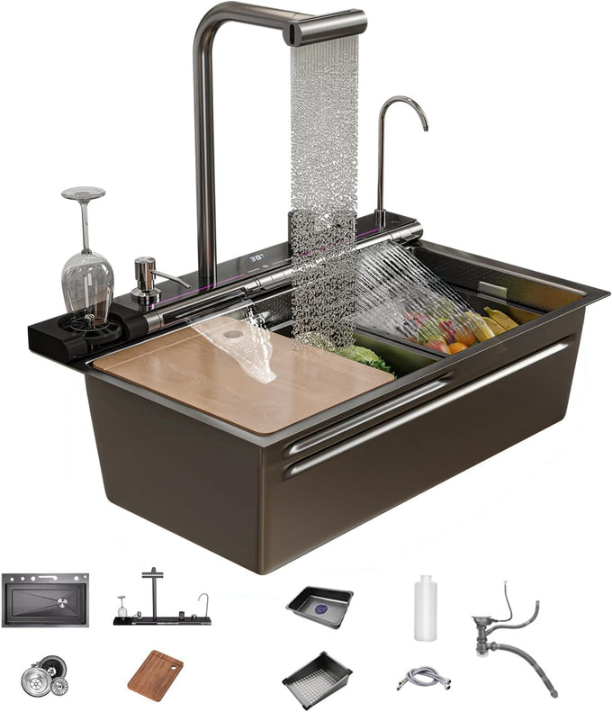 29.5" Waterfall Kitchen Sink Workstation 18G Basin Stainless Steel