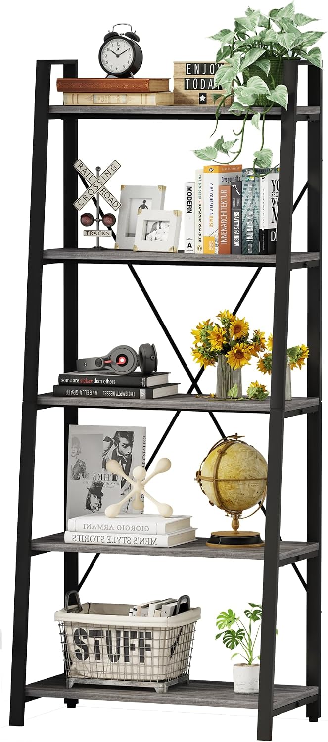 BON AUGURE 5 Tier Ladder Shelf, Leaning Bookshelf, Wood Metal Storage Shelf