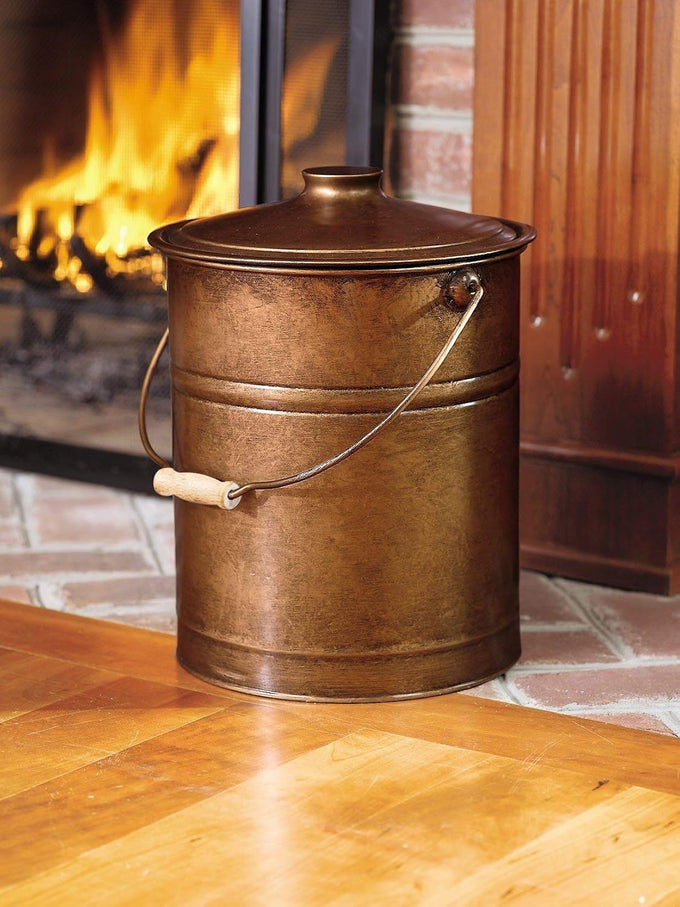Plow & Hearth 3 Gallon Black Large Ash Bucket with Lid and Wood Handle | 28 Gauge Galvanized Iron Metal | Double Bottom | Tool for Fireplaces Fire Pits Wood Burning Stoves (Copper)
