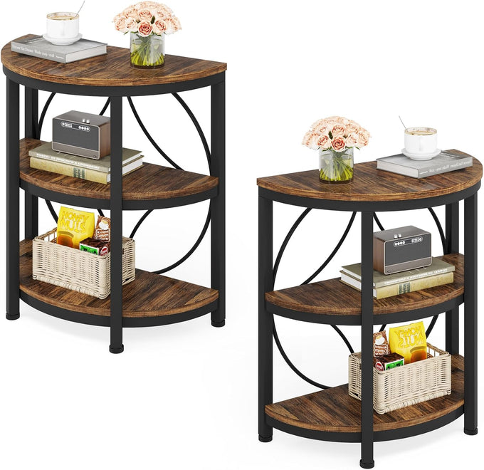 Tribesigns Half Round End Table for Living Room, 3-Tier Half Circle Side Table with Metal Frame, Industrial Half Moon Table, Half Coffee Accent Table Bedside Table for Bedroom, Brown