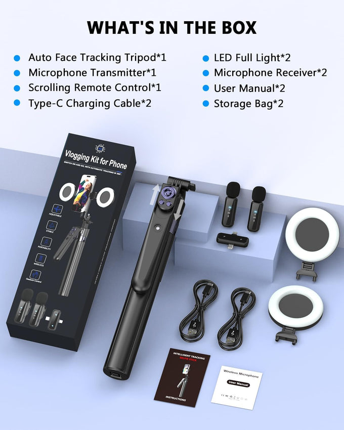 Vlogging Kit for iPhone/Android, 63”Auto Face Tracking Tripod for iPhone with Light, Wireless Microphones, Scrolling Remote Control for TikTok, Content Creator Kit for YouTube Starter