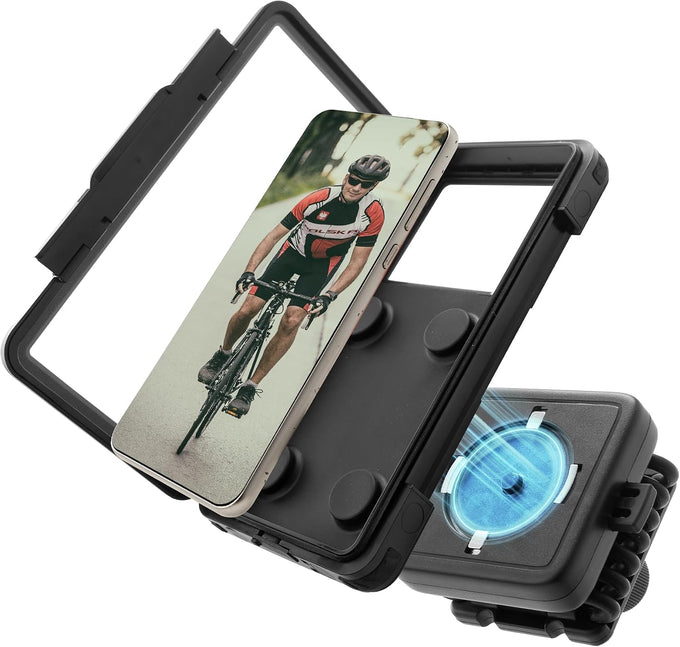 ROCKBROS Magnetic Bike Cell Phone Holder IPX4 Waterproof Motorcycle Phone Mount on Handlebar Fit for 4.7"-6.9" Phones FlipCase 360° Full-Body Protection 3S Quick Auto Lock Rotateable Anti-Shock
