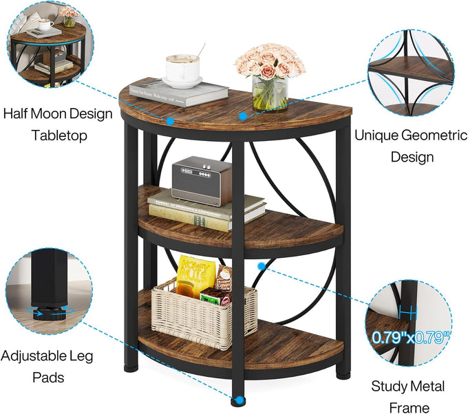Tribesigns Half Round End Table for Living Room, 3-Tier Half Circle Side Table with Metal Frame, Industrial Half Moon Table, Half Coffee Accent Table Bedside Table for Bedroom, Brown