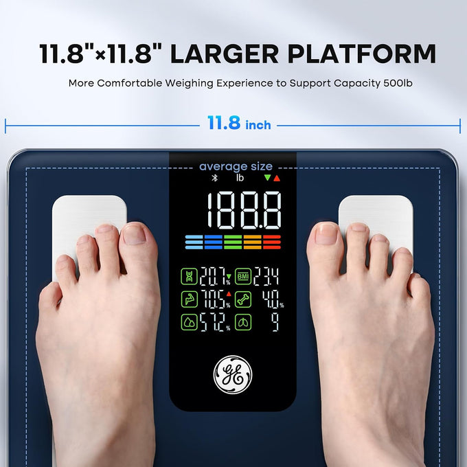 GE Smart Scale for Body Composition, Weight, BMI, 500lb, Large 11.8-Inch