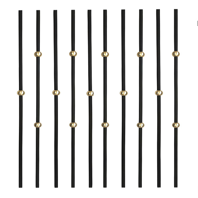 Round 5/8" *44" Hollow Metal Staircase Balusters Matt Black, 10 Pcs/Pack (5Pcs Plain with Single Brass Ball + 5Pcs Plain Double Brass Ball), Wrought Iron Balusters for Interior Stair Railing.