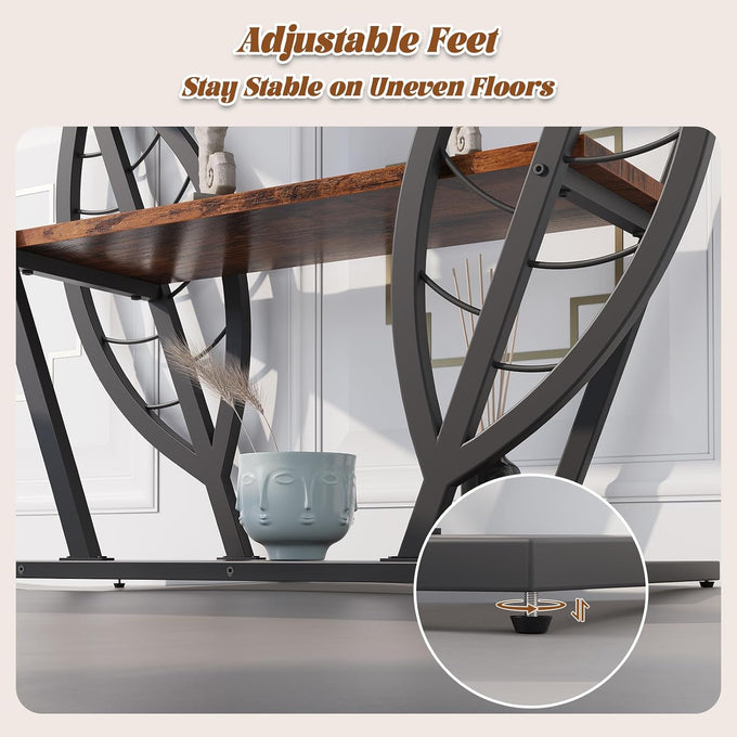HavenlyYouth Leaf Design Console Table for Entryway, 3-Tier Storage, 30mm Thick Rustic Brown Industrial Metal Frame, Easy-to-Assemble Narrow Accent Table, Space-Saving for Hallway, Entrance, Foyer