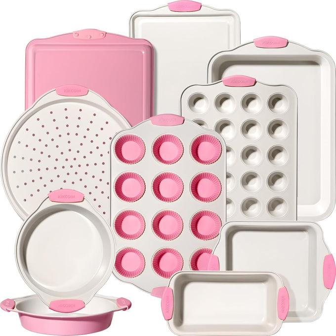 Kikcoin 22 PCS Nonstick Baking Pans Set, Stackable Bakeware Sets with Silicone Handles, 450°F Oven Safe Baking Sheet Set, Easy Release Cookie Sheets for Baking, Cream