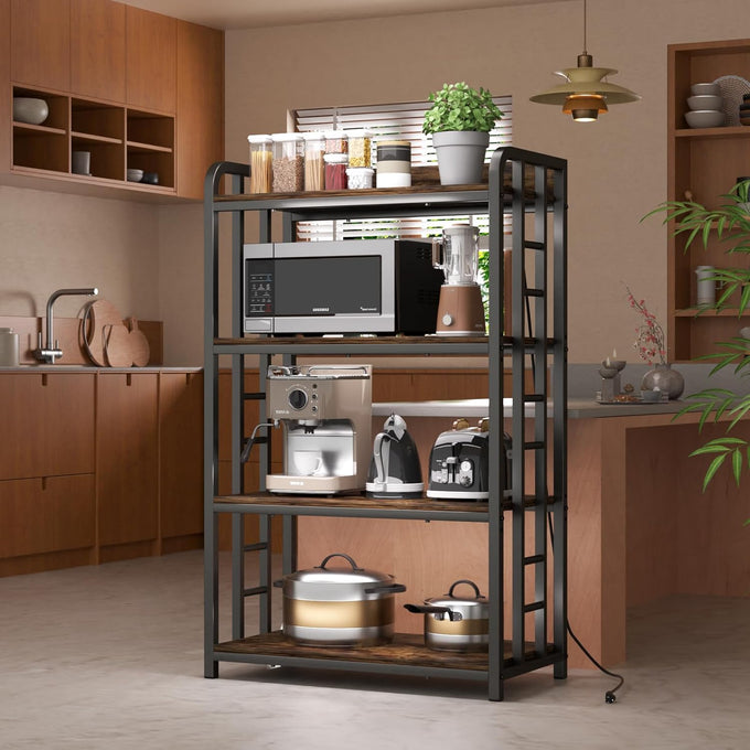 4 Tier Bakers Rack with Storage, Microwave Stand, Rustic Brown