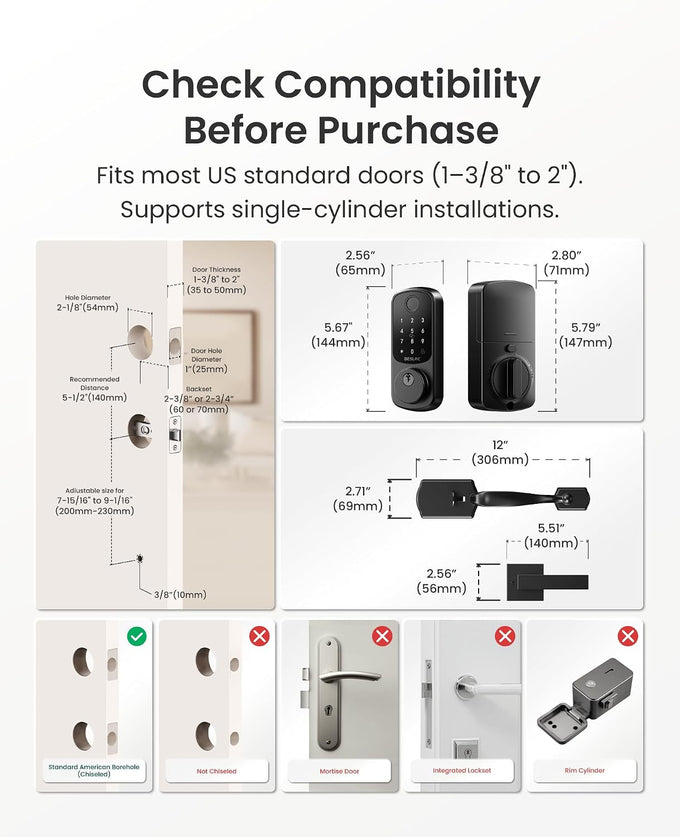DESLOC B200 Smart Front Door Lock Handle Set, Fingerprint & App Control