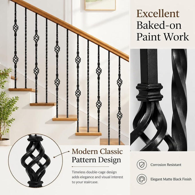 16 Pcs Wrought Iron Balusters for Staircase Interior, 44" Hollow Double Basket with Double Twist Metal Stair Spindles Balusters, 1/2" Balusters for Staircase Decorative - Matte Black