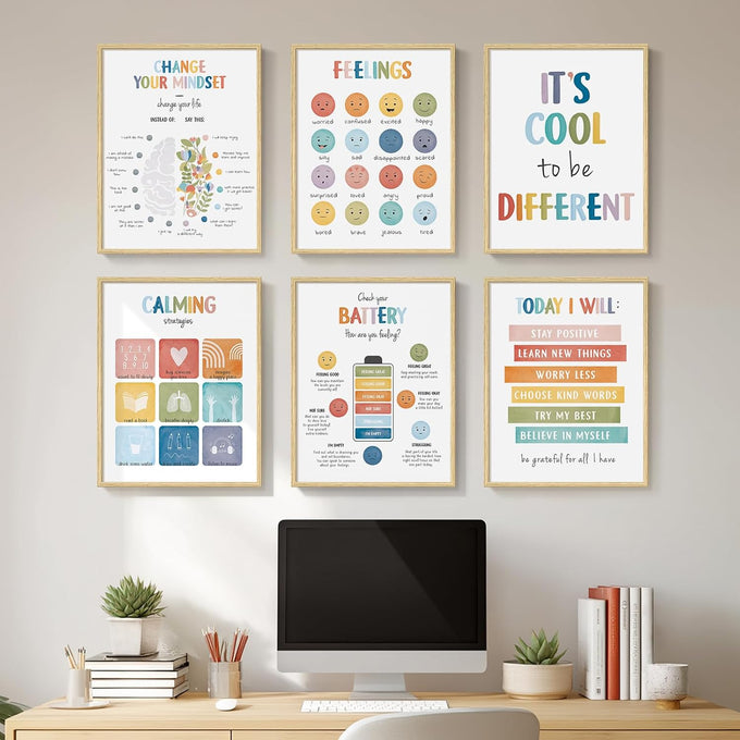 Framed Inspirational Positive Neutral Wall Art for Office, 6 Piece 11x14 In