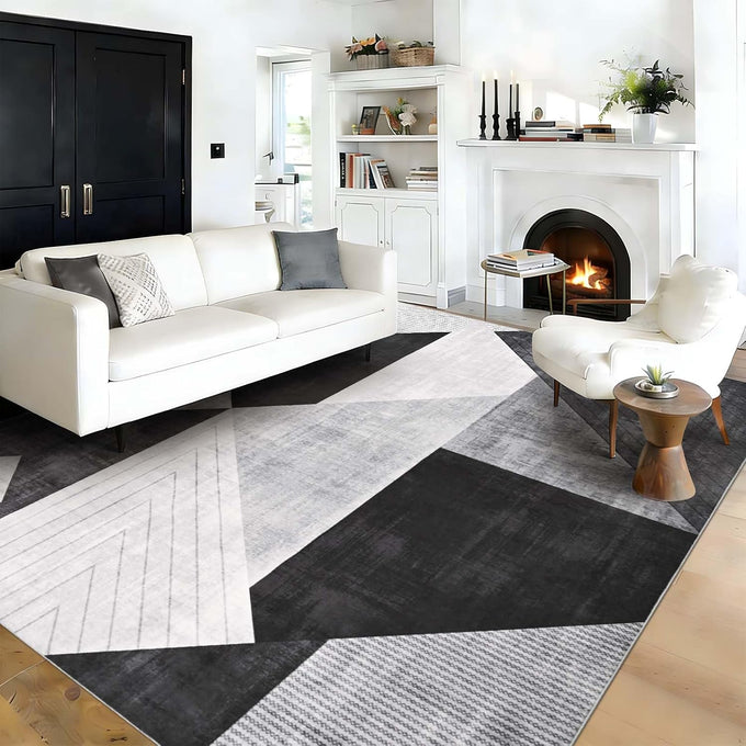 Yinhua Modern Geometric Area Rugs 5x7 Grey Black Rugs for Living Room Washable Rug Non Slip Low Pile, Large Soft Bedroom Rug Non Shedding, Modern Simplicity Carpet for Home Office, Dining Room