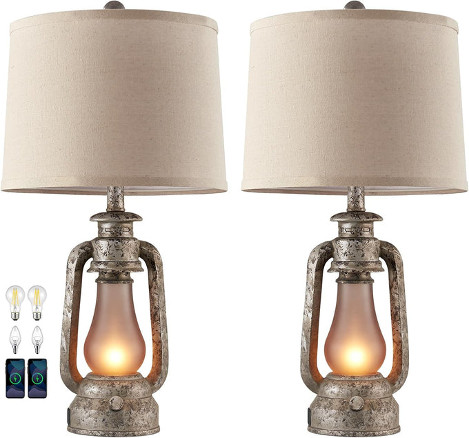 Farmhouse Lantern Table Lamps for Living Room Set of 2 with USB C+A