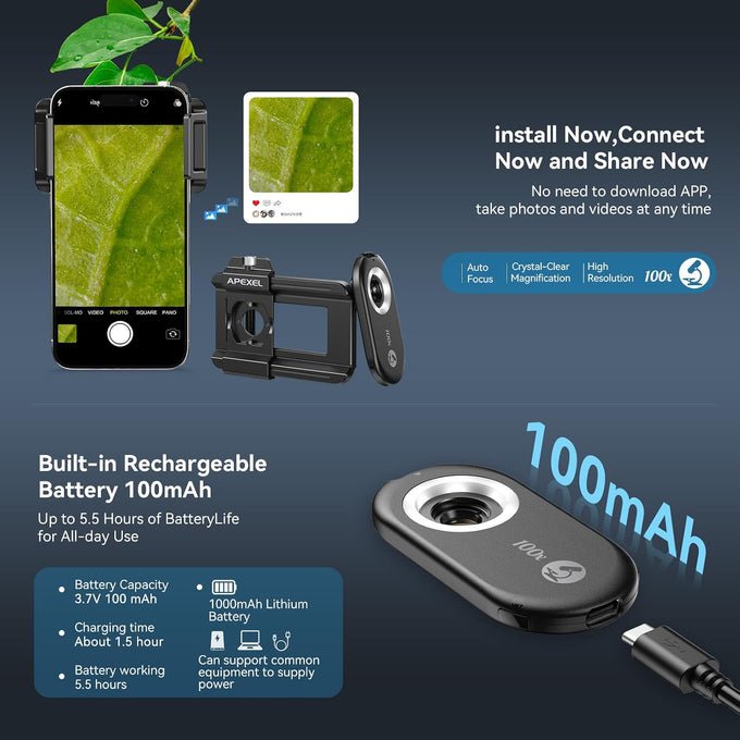 APEXEL 100X Portable Pocket Phone Microscope, Easy Focus for Beginners