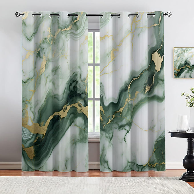 Marble Blackout Curtains for Bedroom Living Room, Turquoise Marble Curtains & Home Decor, Abstract Luxury Window Treatments, Thermal Grommet Nordic Modern Drapes, 96" Curtains 2 Panel Set