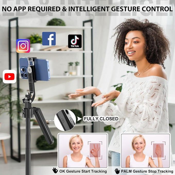 Auto Face Tracking Tripod 360 Rotation with Stand,Android and iPhone Tripod Holder with Remote and Gesture Control, No App,Built-in Tracking Camera Selfie Stick for Vlog Video Recording Tiktok