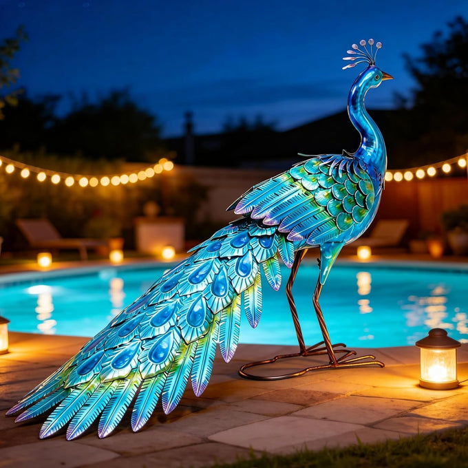 31" L Metal Peacock Garden Statue,Handcrafted Outdoor Yard Art