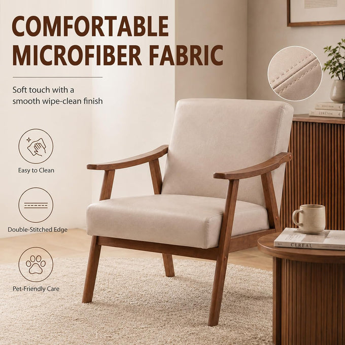 Anwick Mid-Century Accent Chair,Modern Living Room Chairs with Solid Wood Frame,Comfy Velvet Armchair Lounge Reading Chairs for Bedroom Office Small Spaces (Beige)