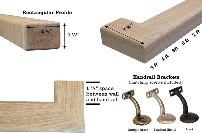 G&T Wood Products Modern Red Oak Handrail Kit with Wall Returns and Wall Mount Brackets. Rectangular 6002 Profile. Solid and Unfinished Red Oak.