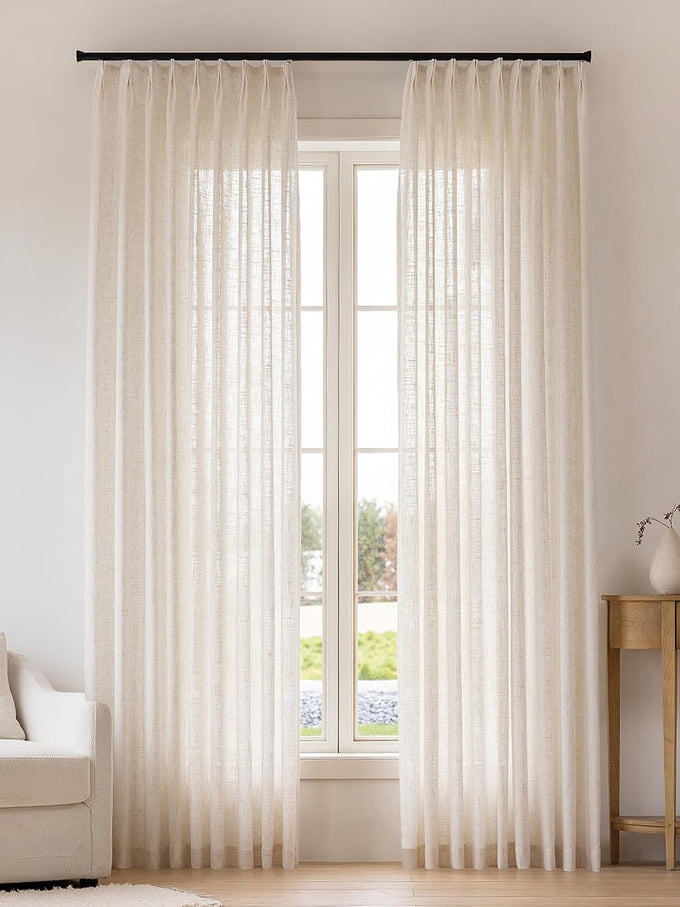 Liz Sheer Pinch Pleated Linen Curtains 95 Inches Long - Light Filtering Pleat Curtains for Living Room,Window Curtains for Bedroom, Luxury Pinch Pleated Drapes with Hooks, Natural, 2 Panels Set