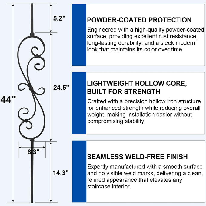 5 Pack 44" Iron S Scroll Balusters for Staircase Interior, 1/2" Hollow Stair Balusters, Matte Black Metal Balusters, Easy to Cut & Install