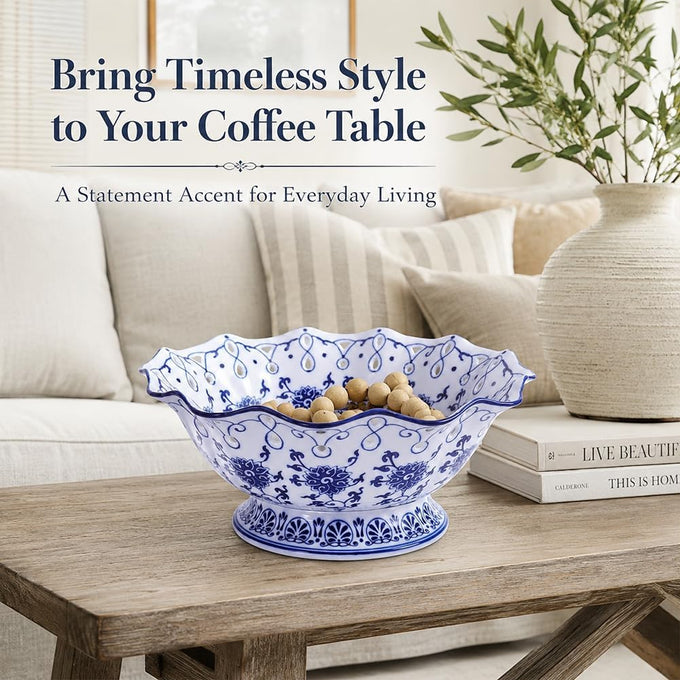Blue and White Ceramic Fruit Bowl, Chinoiserie Decorative Pedestal Bowl