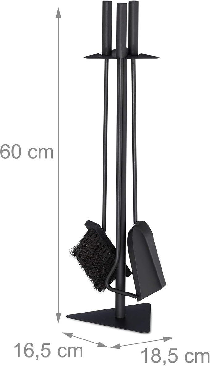 Relaxdays 4-Piece Fireplace Companion Tool Set Shovel, Brush, Poker & Holder, Modern Design, Black, 80% Steel Wood 10% Plastic, 60 x 18.5 x 16.5 cm