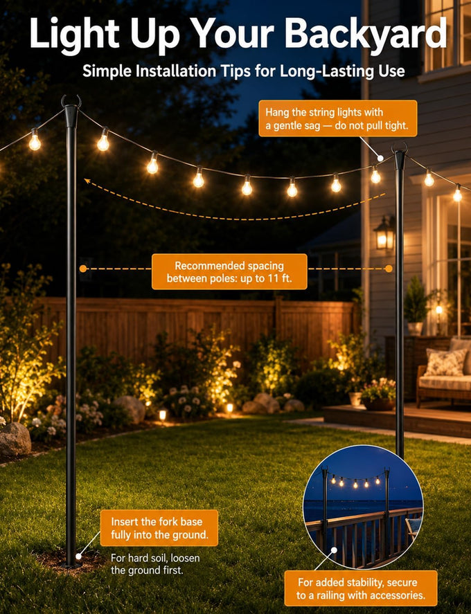 4 Pack String Light Poles for Outside, Adjustable Metal Patio Light Poles