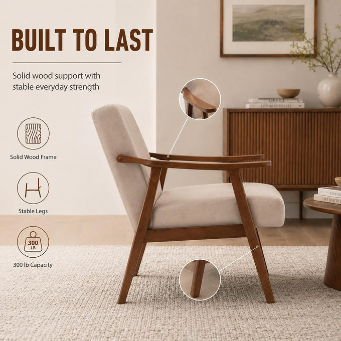 Anwick Mid-Century Accent Chair,Modern Living Room Chairs with Solid Wood Frame,Comfy Velvet Armchair Lounge Reading Chairs for Bedroom Office Small Spaces (Beige)