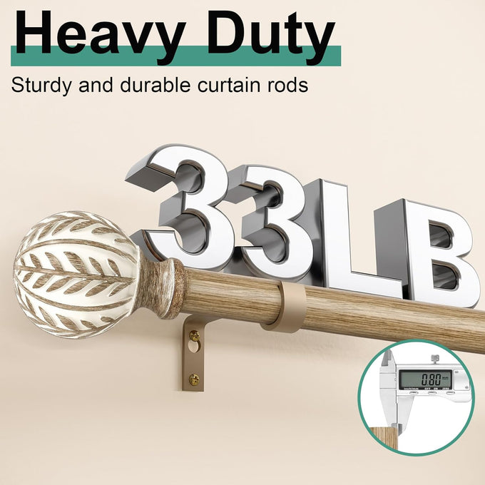QDWIS 2 Pack Boho Wood Curtain Rods for Windows 48 to 84 inch,1" Adjustable Heavy Duty Window Curtain Rod with Imitation Wood Grain Finials,Rustic Decorative Drapery Rods Set 36-88'',Weathered Wood