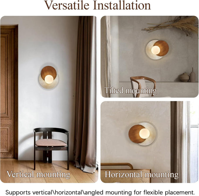 Wabi-Sabi Travertine Wall Sconce, Round Natural Stone & Walnut Wood Accent with White Glass Sphere Lamp Shade, G9 Bulb | Wall Lights for Bedroom, Hallways, Staircases, Hotel, Bars, Cafes