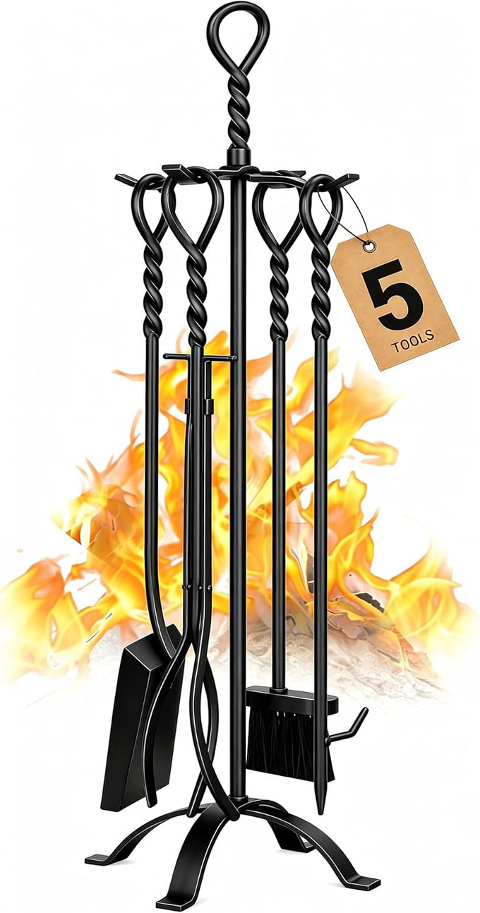 Gtongoko 32" Fireplace Tools Set, 5-Piece Solid Wrought Iron with Stand