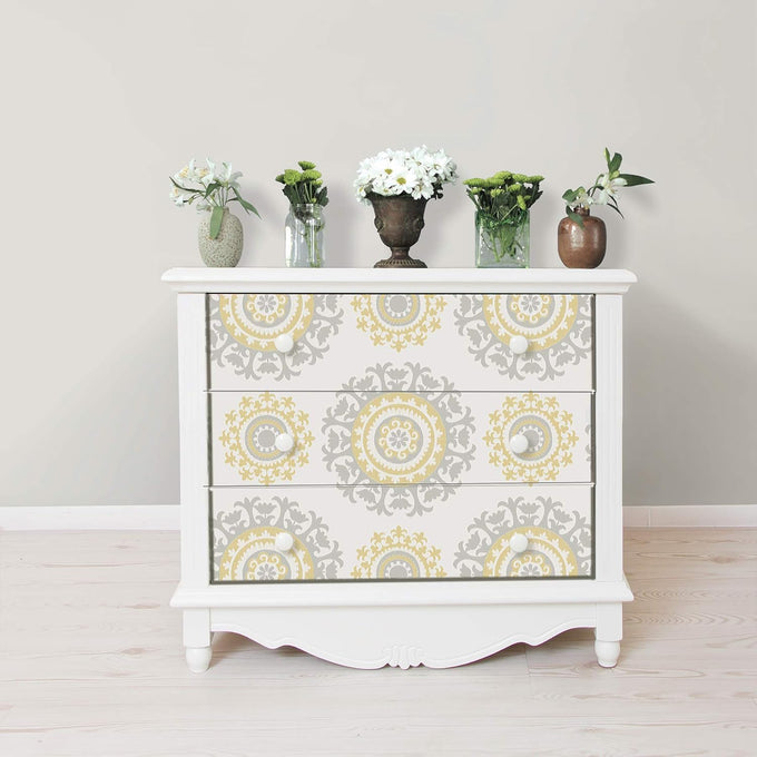 NuWallpaper NU1652 Grey and Yellow Suzani Peel & Stick Wallpaper, Multicolor