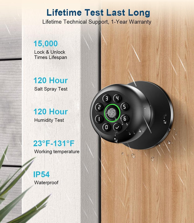 Smart Fingerprint Door Knob with Keypad, Fingerprint Door Lock, Matte Black