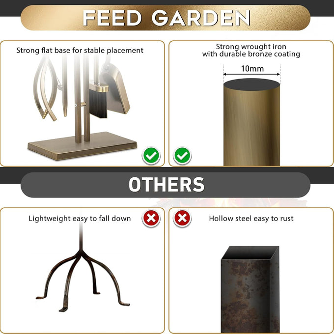FEED GARDEN Wrought Iron Fireplace Tool Set with Stand, Antique Bronze