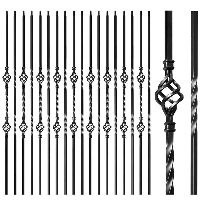 16 Pcs Wrought Iron Balusters for Staircase Interior, 44" Hollow Double Basket with Double Twist Metal Stair Spindles Balusters, 1/2" Balusters for Staircase Decorative - Matte Black