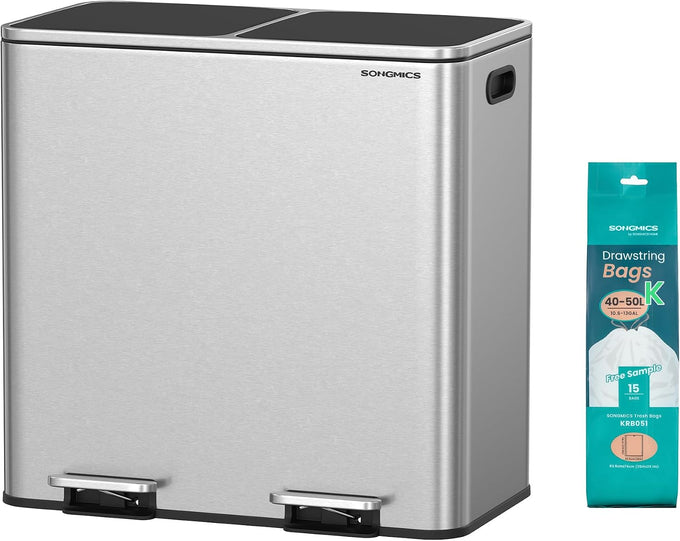 SONGMICS Trash Can, 2 x 8 Gallon (2 x 30 L), Silver and Black