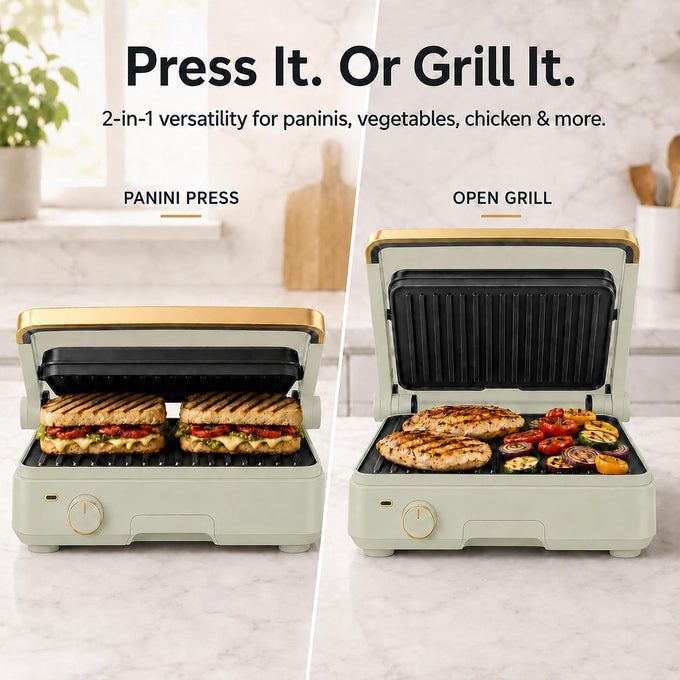Panini Press & Indoor Grill 2-in-1 1200W High-Performance Sandwich Maker with Removable Non-Stick Plates (Sage Green)
