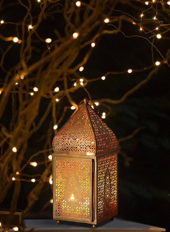 Serene Spaces Living Moroccan Lightweight Thin Gold Ornate Candle Lantern, Antique Gold Lantern, Decorative Candle Holders for Indian Wedding, Eid, Ramadan, Events, 4.5" Diameter & 12" Tall