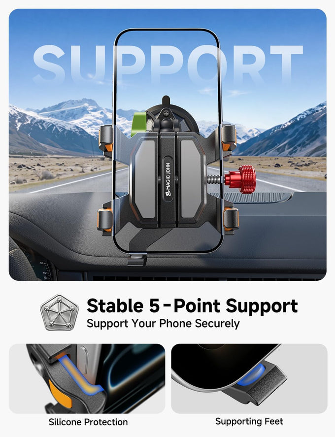 MAGIC JOHN Metal Car Phone Holder 360° Rotation Suction Mount Windshield