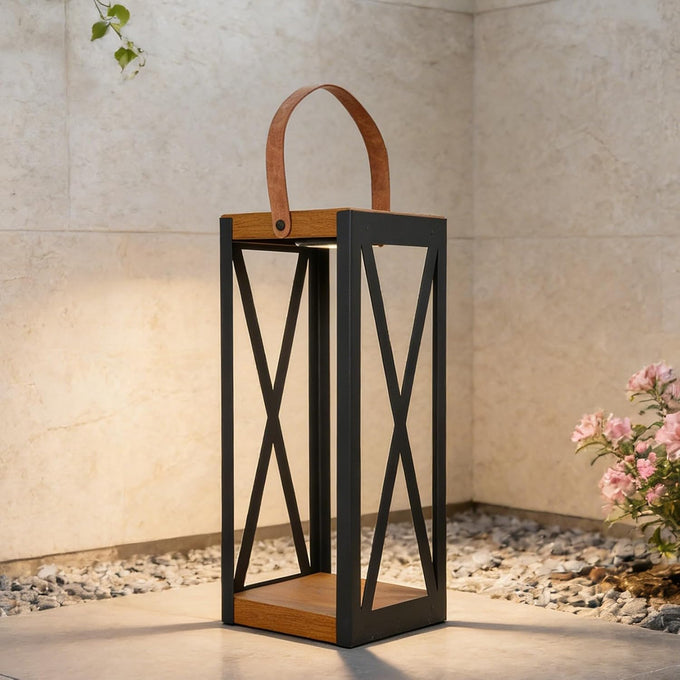 Solar Yard Outdoor Solar Lanterns, Solar Lamp Decorative Outdoor Water-Resistant Steel Table Decor with Handle for Patio, Yard, Porch, Small Woodgrain