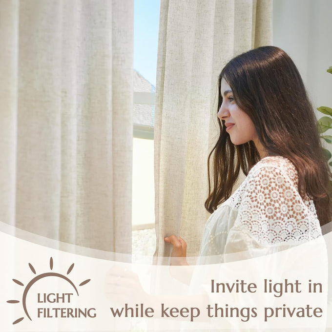 jinchan Lined Linen Curtain 84 Inch Light Filtering Grommet 1 Panel Beige