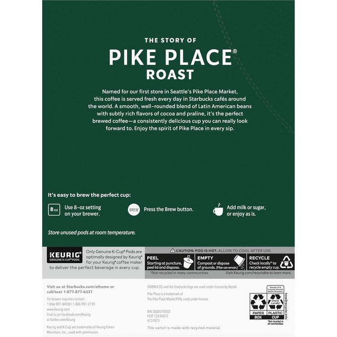 Starbucks K-Cup Coffee Pods, Medium Roast Hot or Iced Coffee, Pike Place Roast, 96 Keurig Pods ​