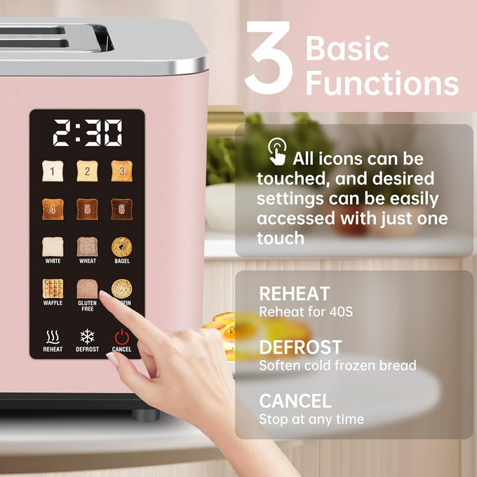 SEEDEEM Touchscreen Toaster 2 Slice, Stainless Steel, 6 Shade, 900W, Pink